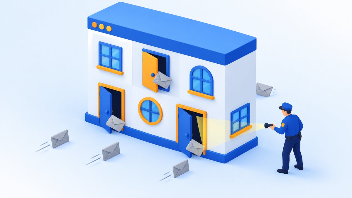 複数の入口をスパムから見張る警備員のイラスト