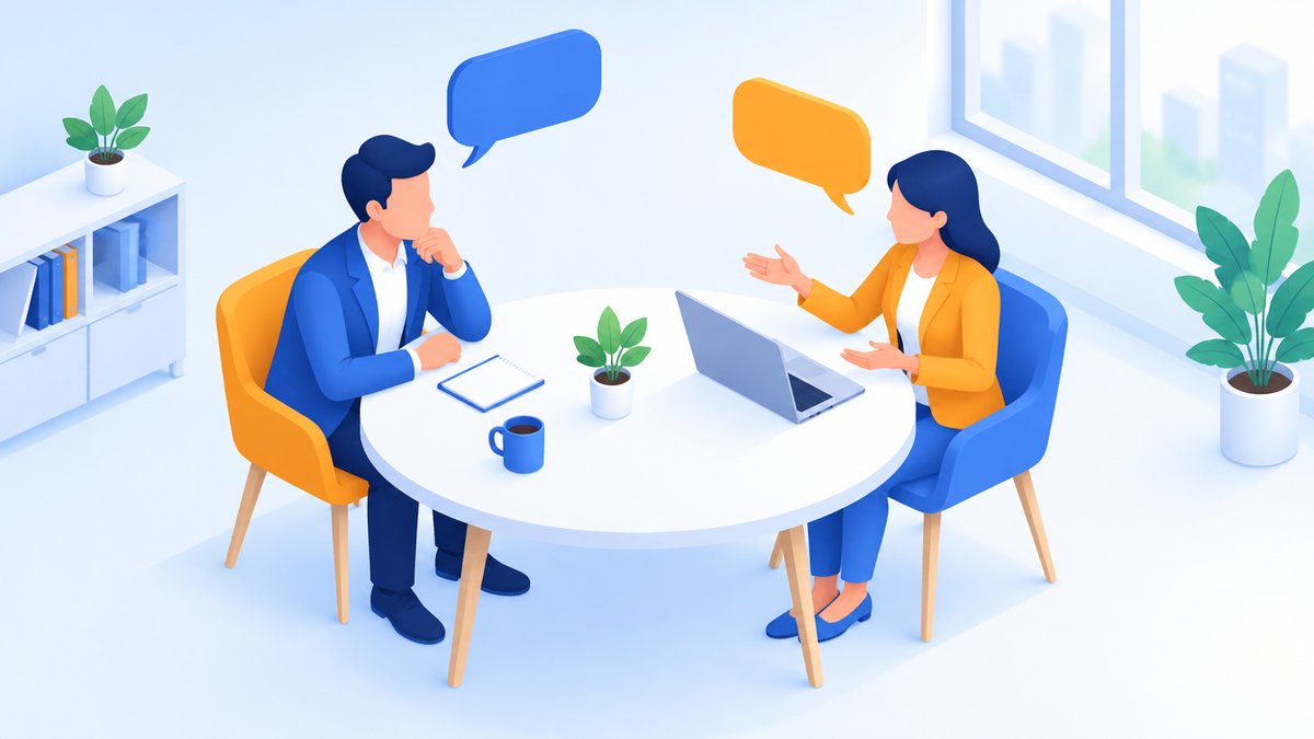 経営者とWebコンサルタントが質問を話し合うイラスト