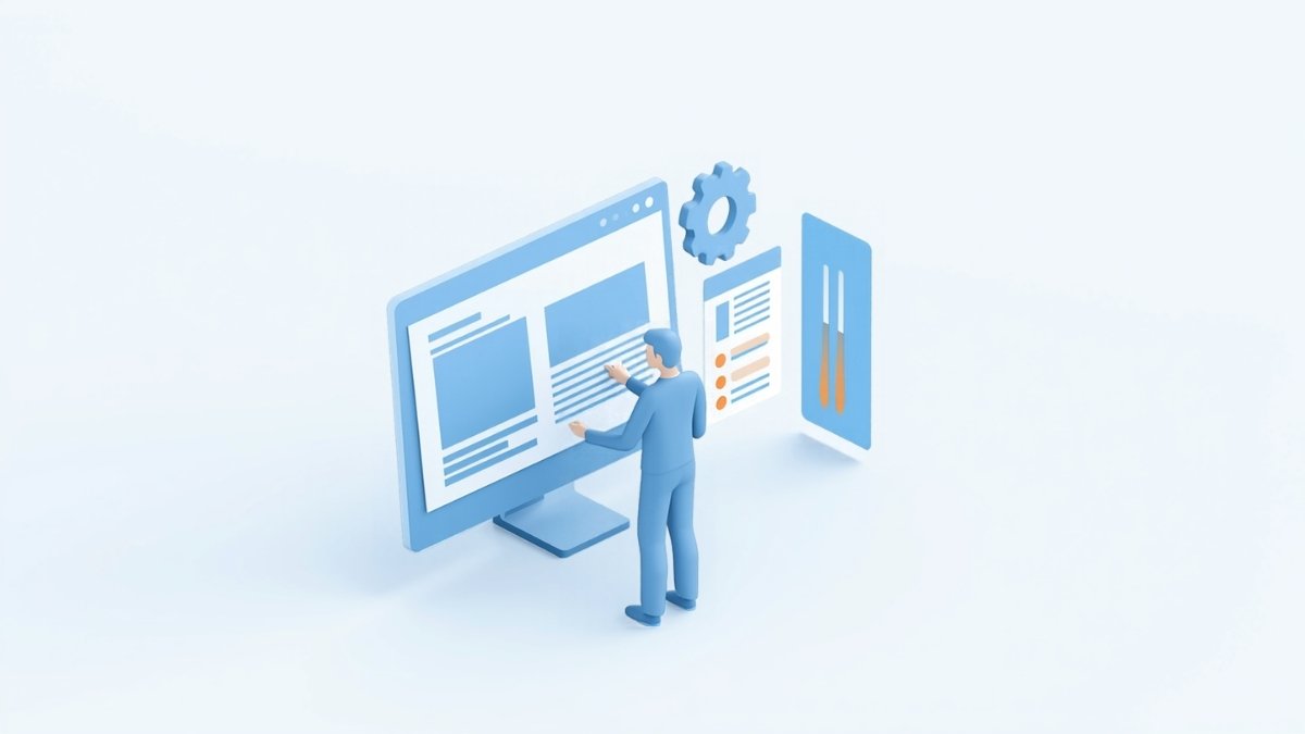 大きなモニターでWebサイトの設定を整えている担当者のイラスト